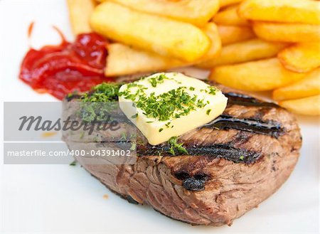 juicy steak beef meat with french fries