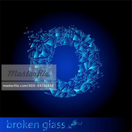 One letter of broken glass - O. Illustration on black background