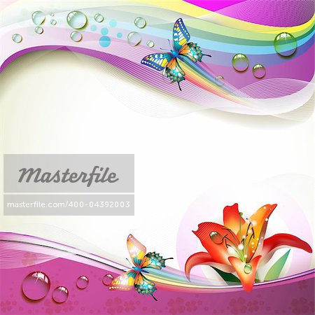 Background with lily, butterflies and drops of water over rainbow