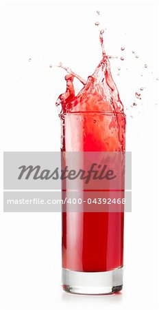 red liquid is splashing in glass cut out from white background
