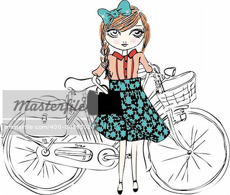 bike illustration girl  sketch drawing penciled vector