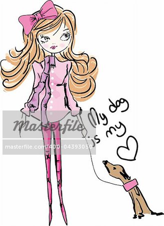 illustration girl with cute dog sketch drawing penciled vector