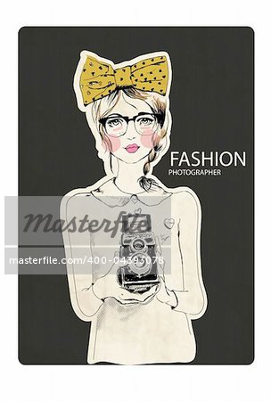 fashion photographer girl with ribbon  illustration sketch drawing  vector