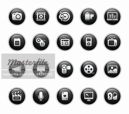 Vector icons set in glossy black buttons.