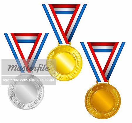 Set of Golden, Silver and Bronze Medals with Ribbons
