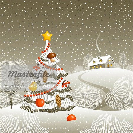 Decorative landscape with Christmas tree and house. Vector illustration with clipping mask.