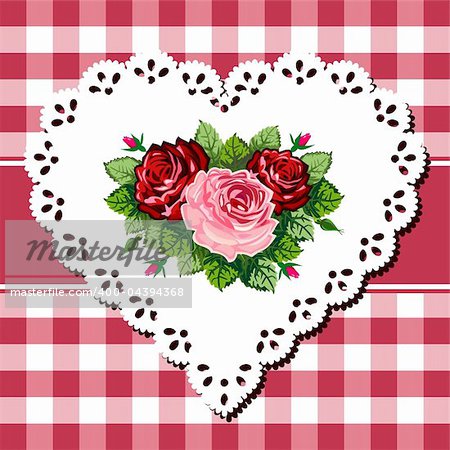 Vintage rose bouquet illustration on lace heart and checkered red white background