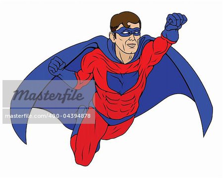 Illustration of  a super hero man dressed in red and blue costume with cape flying through the air