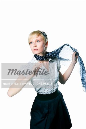 Portrait of romantic blonde girl wearing white blouse and dark blue easy scarf fluttering on wind waiting her dream and looking afar on isolated white background