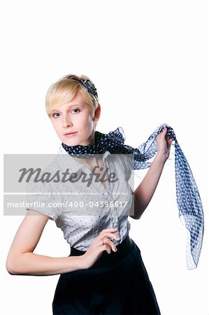 Portrait of romantic blonde girl wearing white blouse and dark blue easy scarf on isolated white background