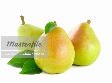 Fresh pear with green leaves. Isolated on white background.
