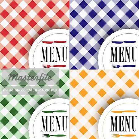 Set of Menu Card Designs - Gingham Texture With Cutlery and Menu Sign