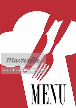 Menu Card Background -  Cutlery, Chef's Hat and Menu Sign on Dark Red Background