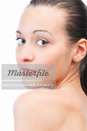 portrait of a young beautiful woman looking at camera, cut out from white
