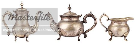 Set of antique teapots on white background