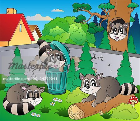 Backyard with cute racoons - vector illustration.