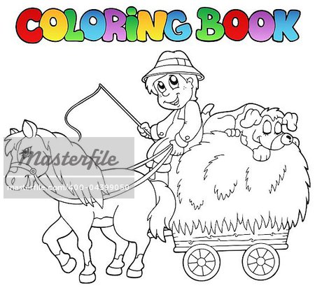 Coloring book with cart and farmer - vector illustration.