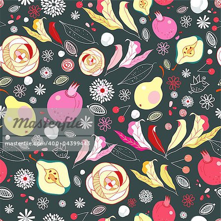 seamless bright warm pattern of leaves and fruits against a dark background