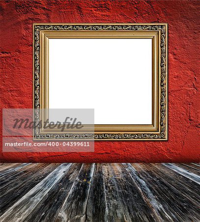 old  elegant golden frame on red plaster rough background and vintage wooden planks  foreground