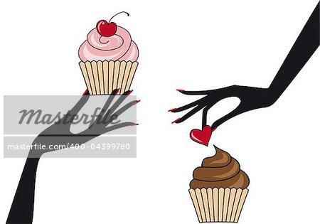 female hand holding cupcakes, vector illustration