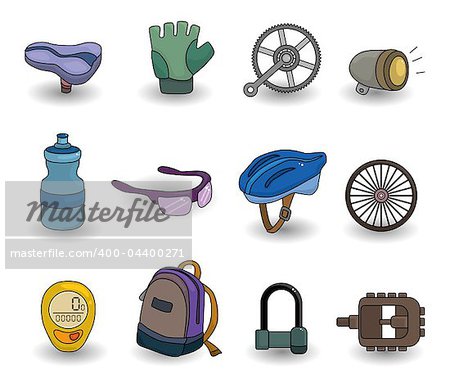 cartoon bicycle equipment icon set