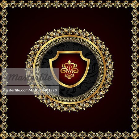 Illustration golden floral frame with heraldic elements - vector