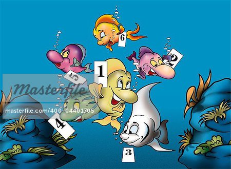 Fish and Numbers - Cartoon Background Illustration, Bitmap