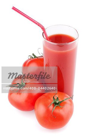 Full glass of fresh tomato juice and tomatoes isolated on white background