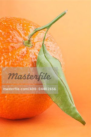 Ripe tangerine with leaf on orange background