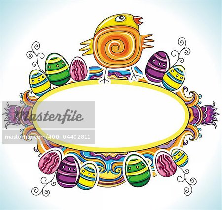 Holiday Easter Frame with white space for your text:Cute funny Easter chick, colorful painted easter eggs. Floral elements like flowers and plants to celebrate Spring