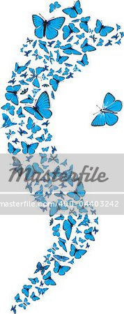 Swarm of flying blue butterflies making S form. Vector set