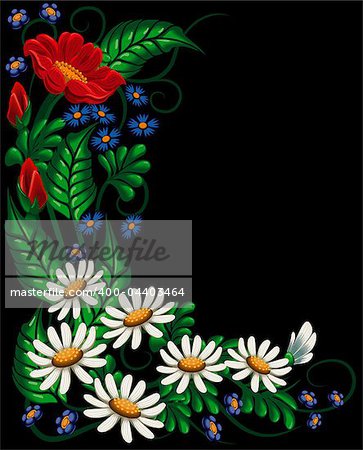 Floral composition with set flower and herb on black background