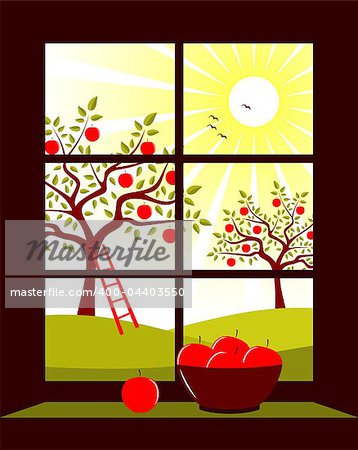 vector apple orchard outside the window, Adobe Illustrator 8 format