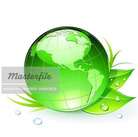 Vektor-Illustration der Green Earth Planet mit Laub und Wassertropfen