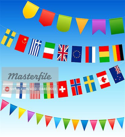 bunting flags and country flags on a blue sky. Vector illustration.