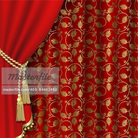 Red curtain with gold pattern. Clipping Mask