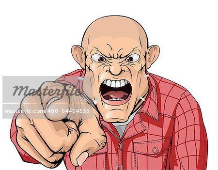 An angry man with shaved head shouting and pointing