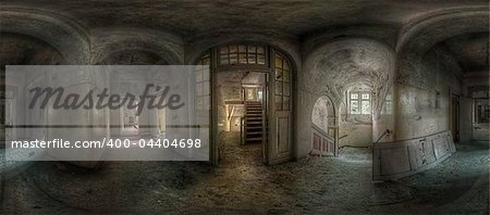 panorama of a hallway with staircases in an abandoned complex, hdr processing