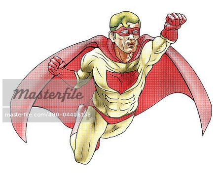 Illustration of  super hero dressed in red and yellow costume and cape flying. Has color haftone style for traditional comic book art look.