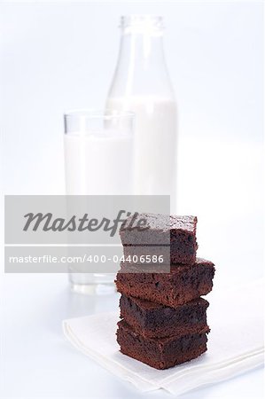 Chocolate brownies on white plate and glass of milk