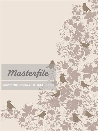 Decorative floral background with flowers and birds.