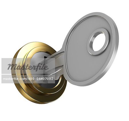 3d illustration of key in key-hole, isolated over white background
