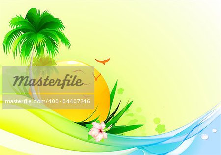 Vector illustration of funky summer  background with palm tree, hibiscus flower and  idyllic sun