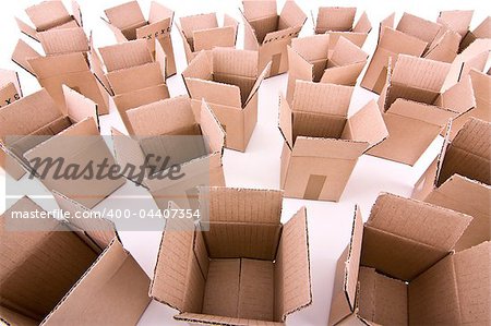 Many open cardboard boxes wide-angle view on a white background