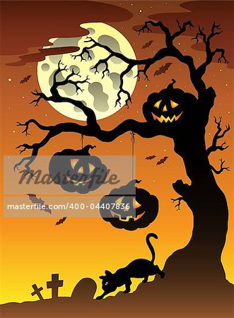 Scene with Halloween tree 2 - vector illustration.