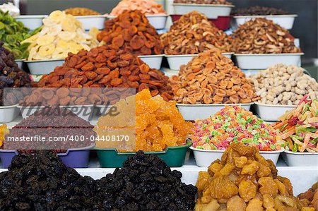 Dried fruit and nuts on market place