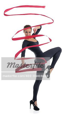 dancing woman with red ribbon isolated on white