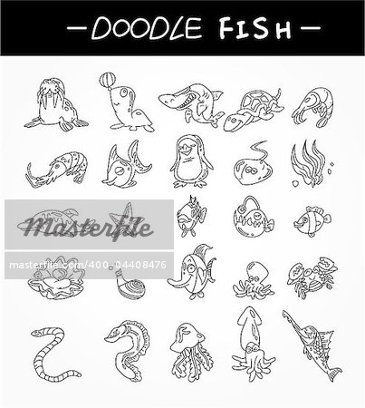 hand draw aquarium fish icons set