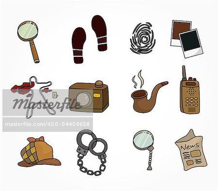 Cartoon detective equipment icon set