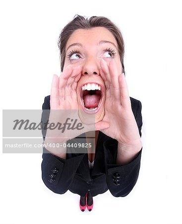 A closeup of a young woman shouting out over white background